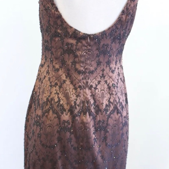 Vtg 90s Cache Brown Black Jacquard Fringe Sequin Beaded Cocktail Party Dress 6 - Picture 6 of 6